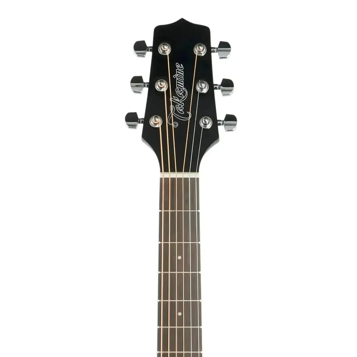 Takamine GD30 black acoustic guitar headstock with chrome tuners and white logo.