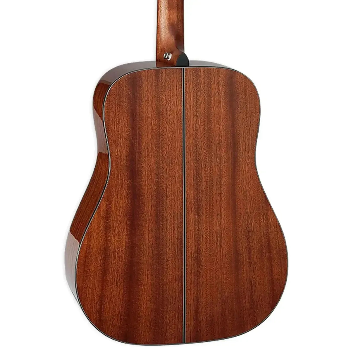Back of a natural finish Takamine GD30 dreadnought acoustic guitar with mahogany wood grain.