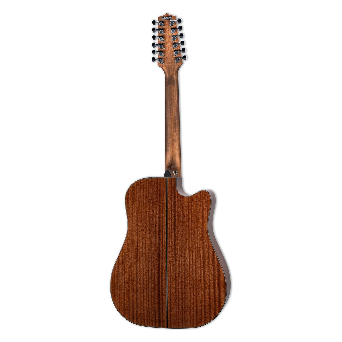 Back and neck of the Takamine GD30CE-12 left-handed 12-string guitar in reddish-brown okoume wood, standing upright.
