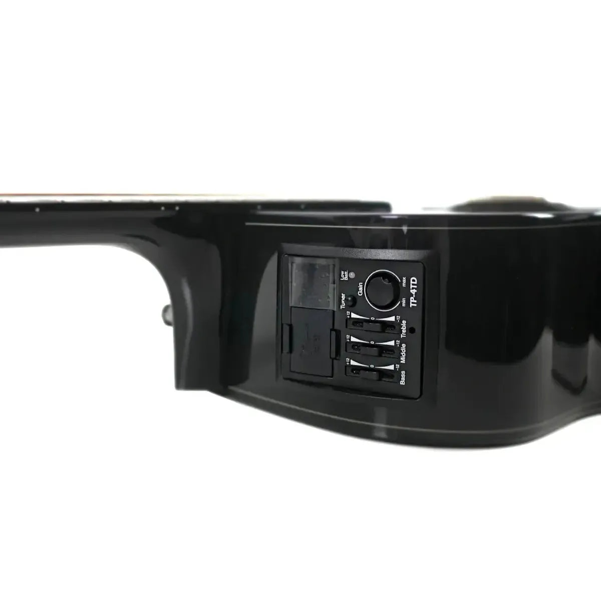 Takamine GD30CE-BLK black acoustic-electric guitar's TP-4TD preamp with tuner and EQ controls.