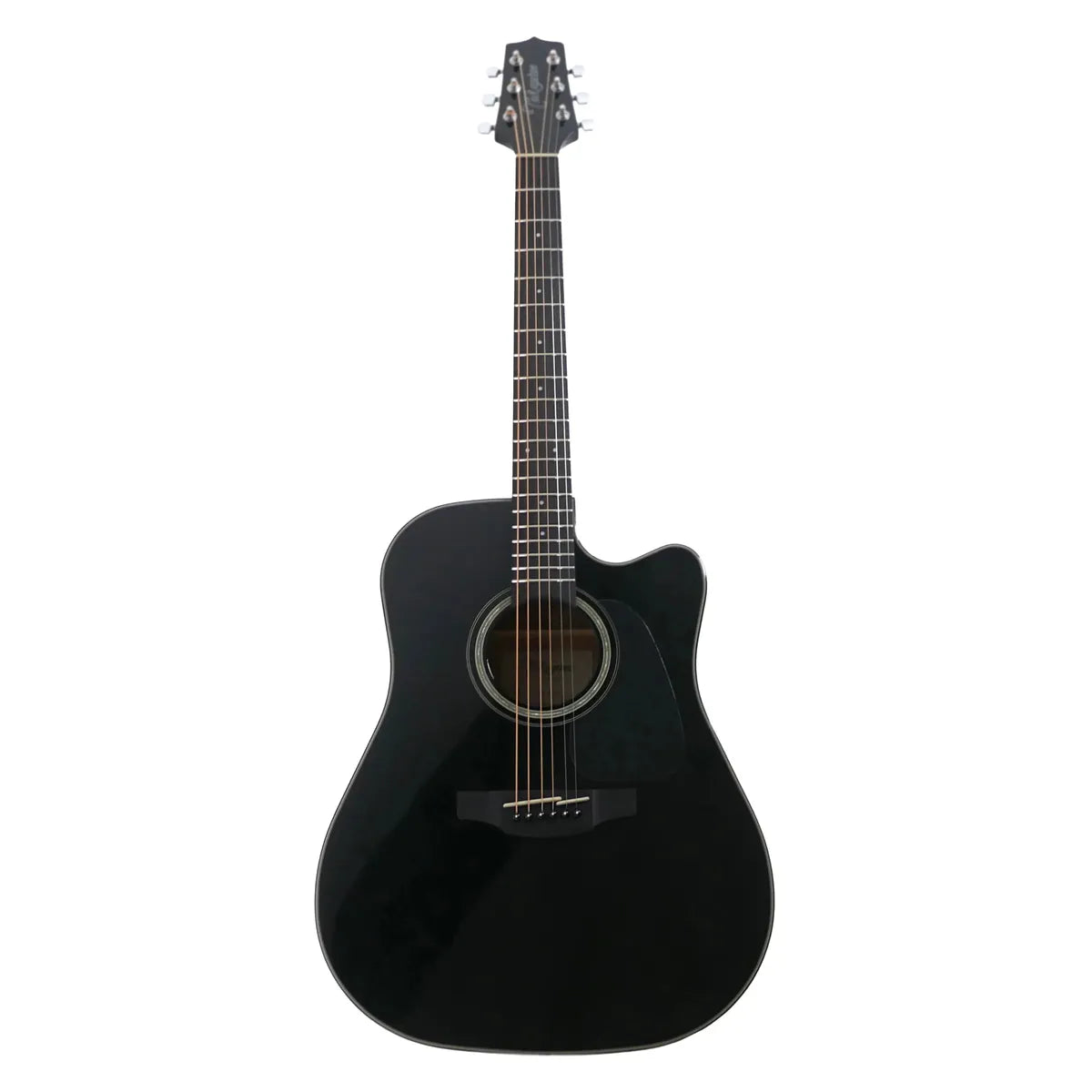 Takamine GD30CE-BLK black dreadnought acoustic-electric guitar with cutaway, gloss finish, and pearloid details.