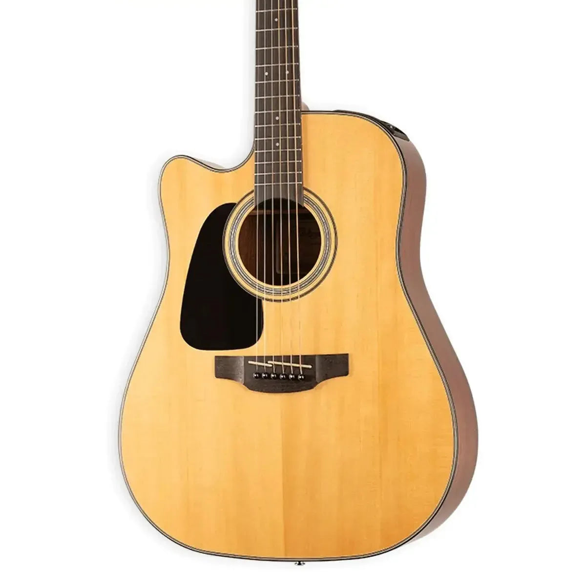 Left-handed Takamine GD30CE-LH natural dreadnought acoustic-electric guitar with spruce top and mahogany back.
