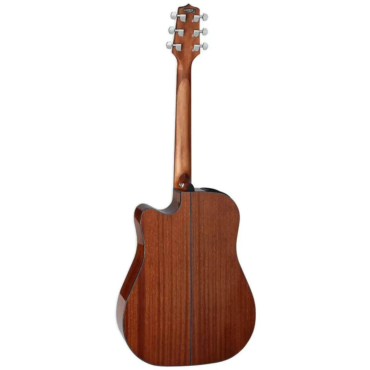 Back of a natural Takamine GD30CE acoustic-electric dreadnought guitar with mahogany back and neck.