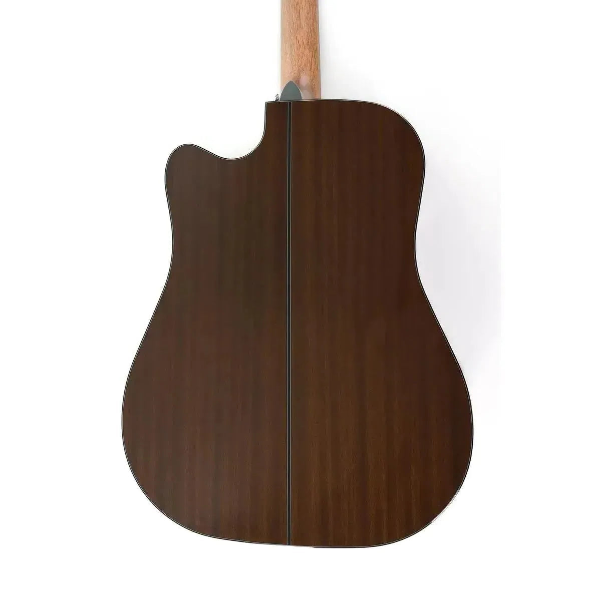 Back of a Takamine GD30CE Natural acoustic-electric guitar with dark okoume wood and light neck.