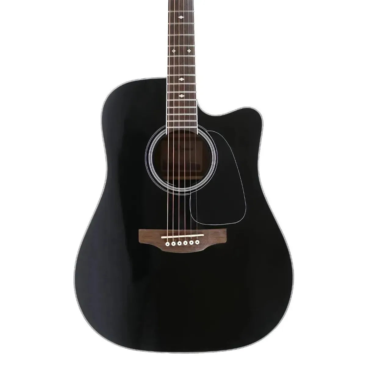 Takamine GD34CE-BLK black acoustic-electric dreadnought guitar with cutaway, spruce top, and laurel fretboard.