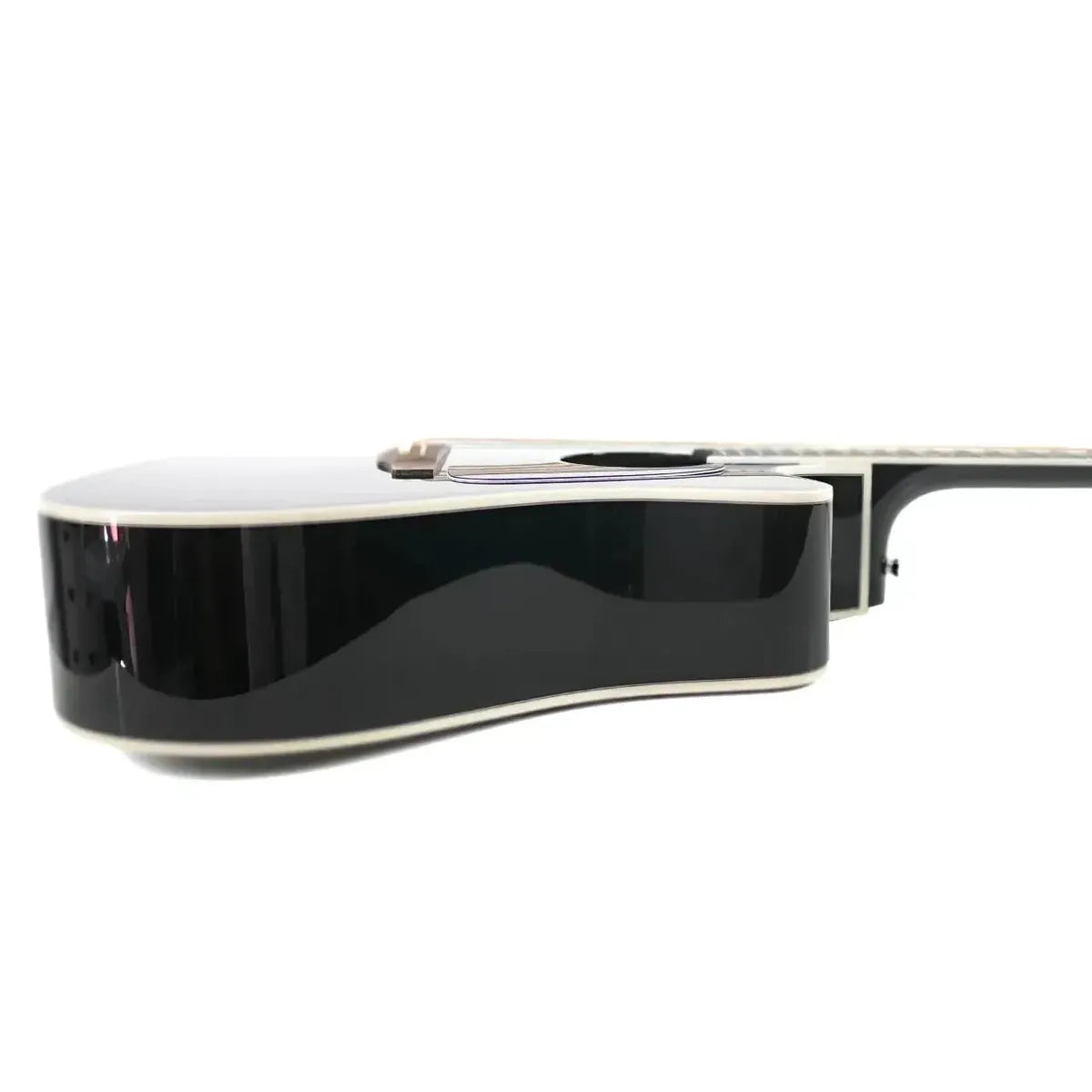 Takamine GD34CE-BLK black dreadnought acoustic-electric guitar body with white binding.