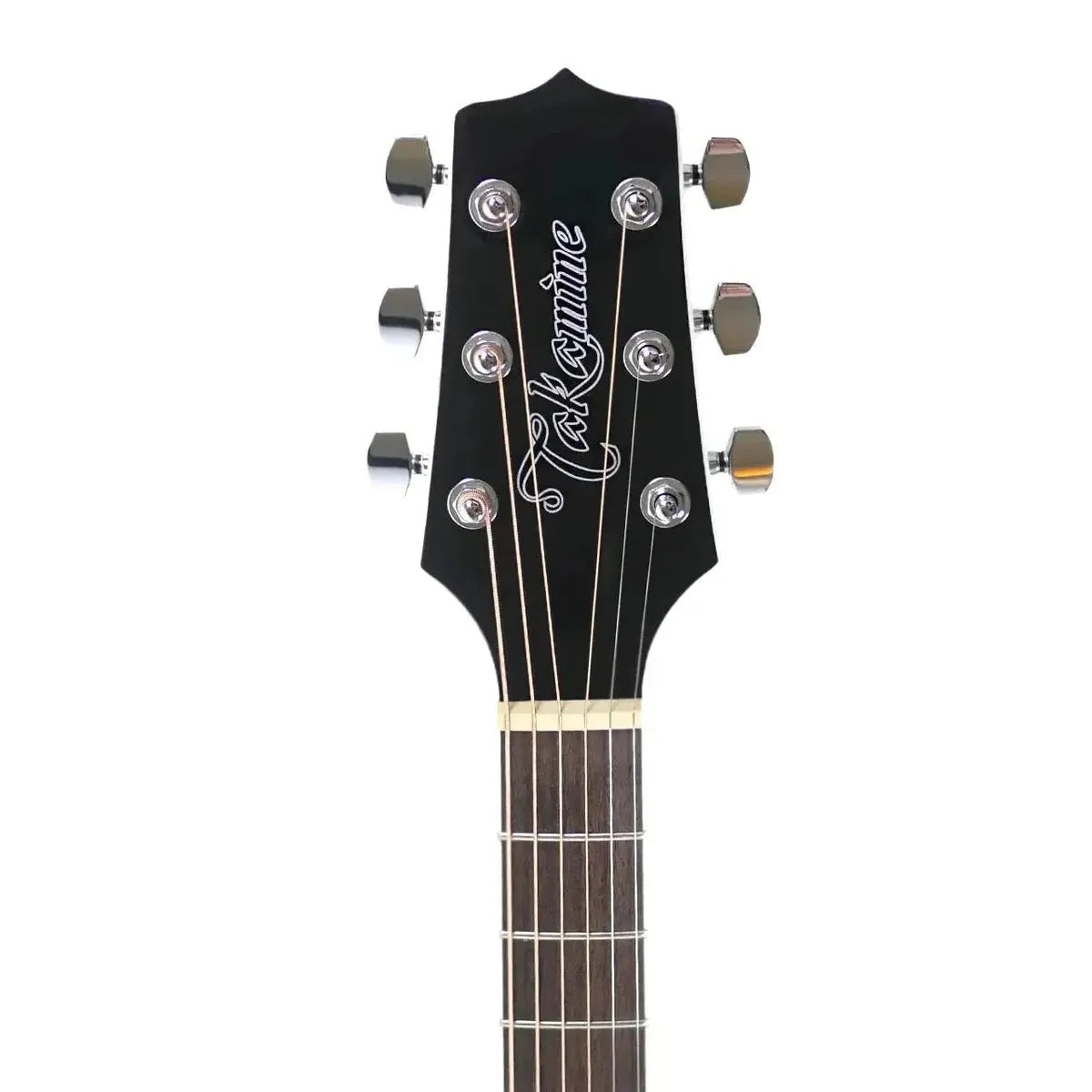 Takamine GD34CE-BLK acoustic-electric guitar headstock with black finish and chrome tuners.