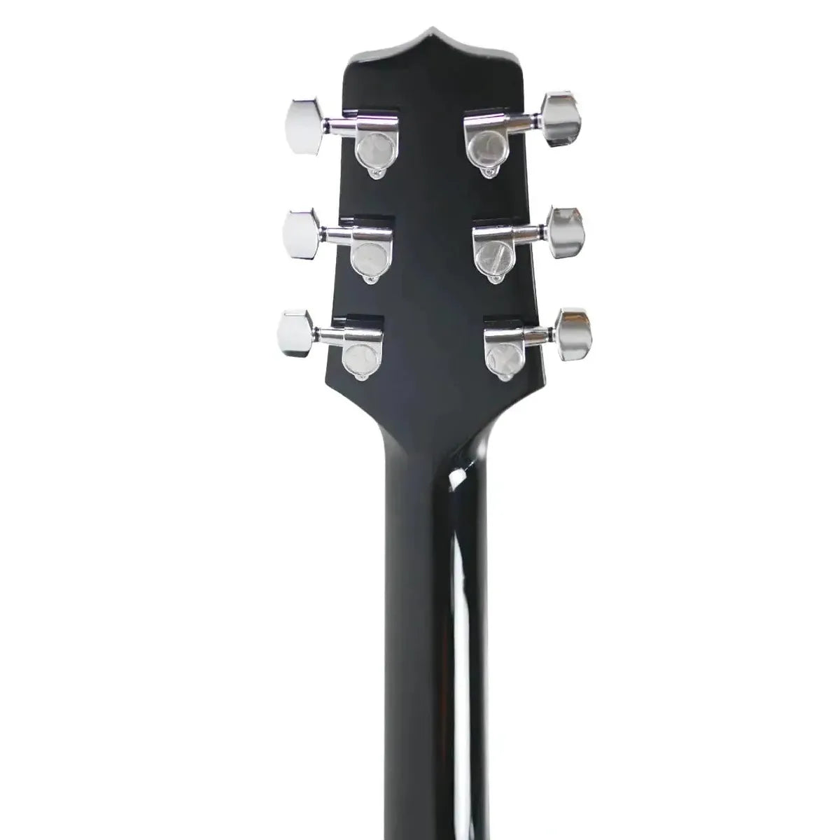 Back of a black Takamine acoustic-electric guitar headstock with six chrome tuners.