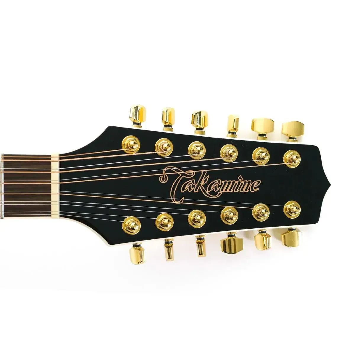 Takamine GD37CE-12 PW 12-string acoustic electric guitar headstock with gold tuners and logo.