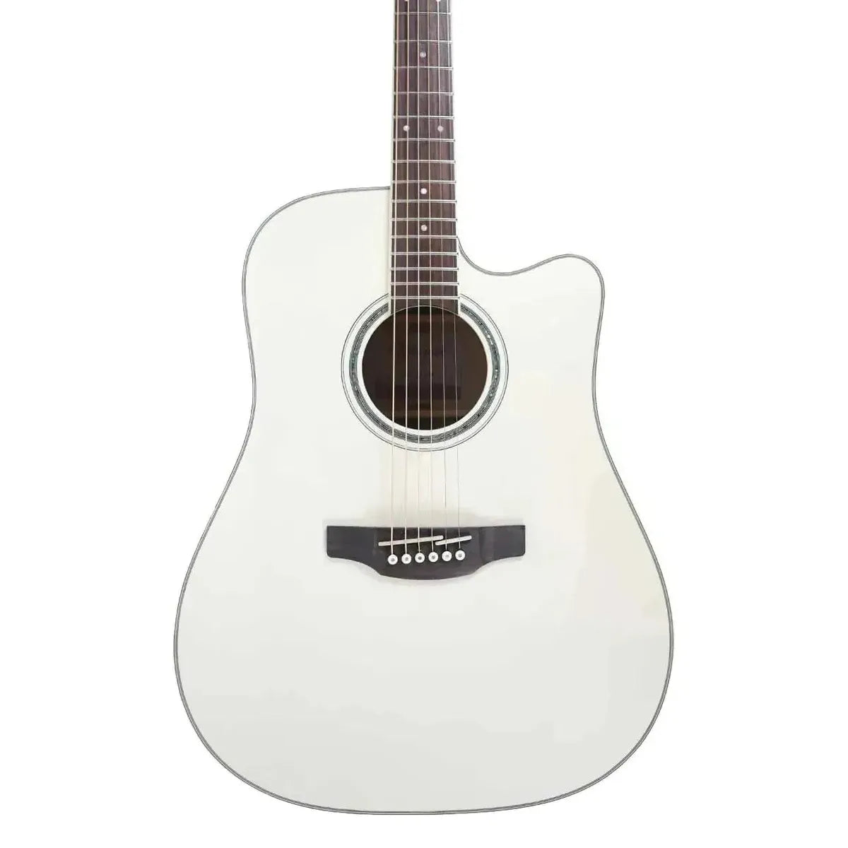 Takamine GD37CE-PW Pearl White acoustic-electric dreadnought guitar with cutaway, bridge, and fretboard.