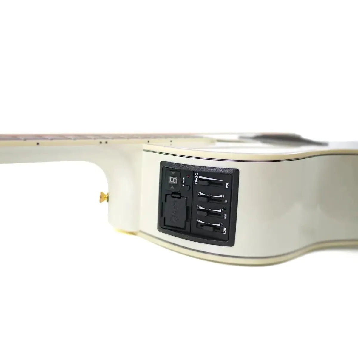 Takamine GD37CE-PW Pearl White acoustic-electric dreadnought guitar's side with TP-3G electronics and tuner.