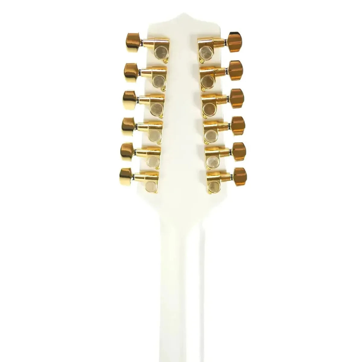 Takamine GD37CE12-PW 12-string acoustic-electric guitar headstock with pearl white finish and gold tuners.