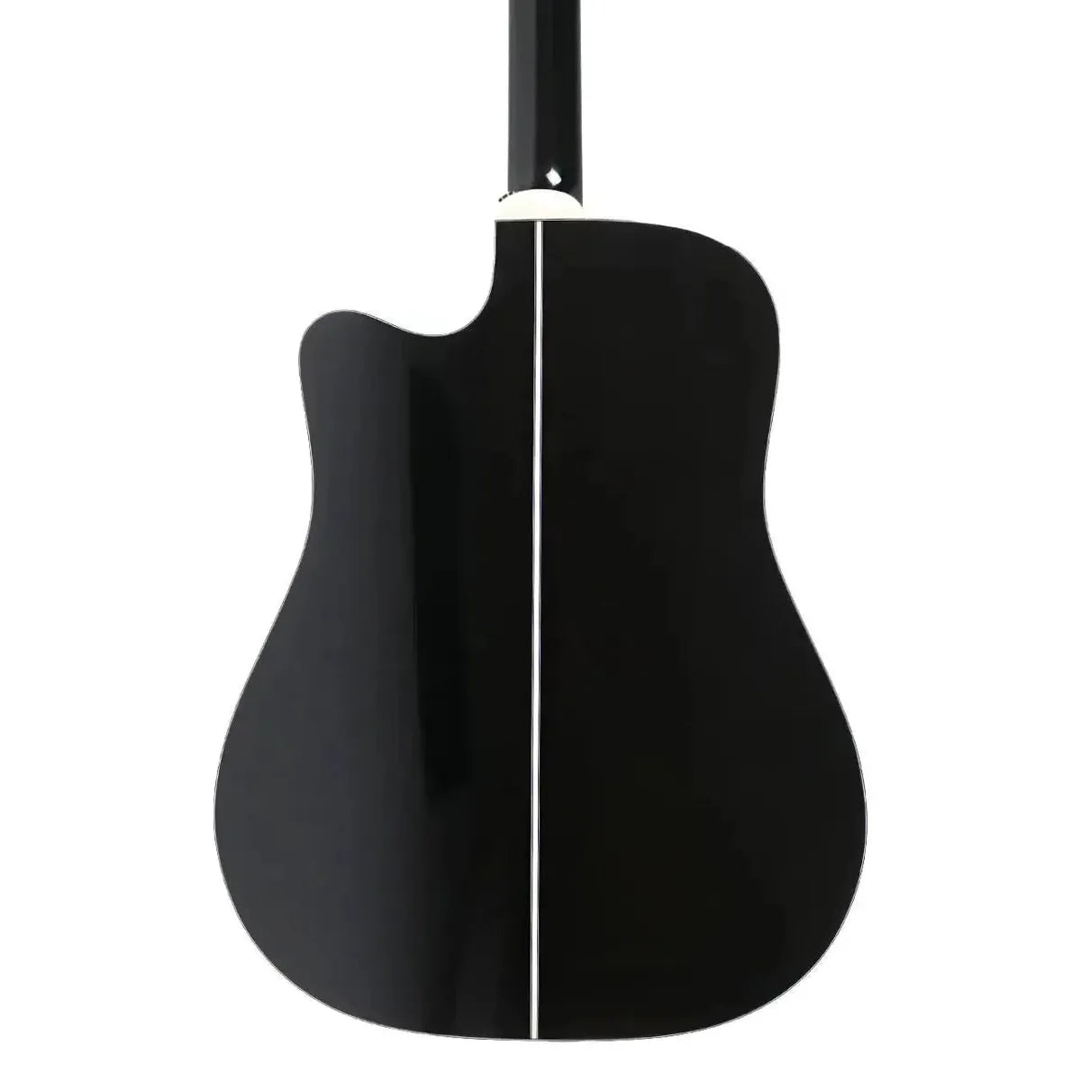 Back of a black Takamine GD38CE-BLK 12-string acoustic-electric dreadnought guitar with white binding.