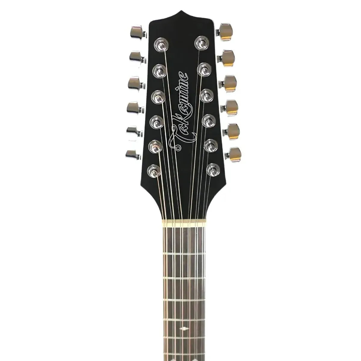 Takamine GD38CE-BLK 12-string acoustic-electric guitar headstock with black finish and chrome tuners.
