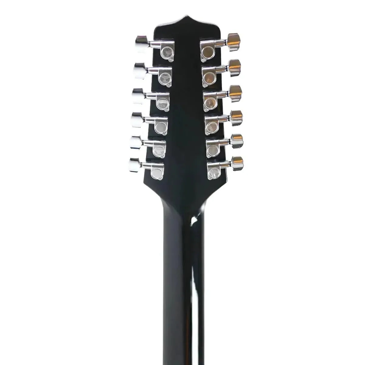 Takamine GD38CE-BLK 12-string acoustic-electric guitar headstock with chrome tuners and black finish.