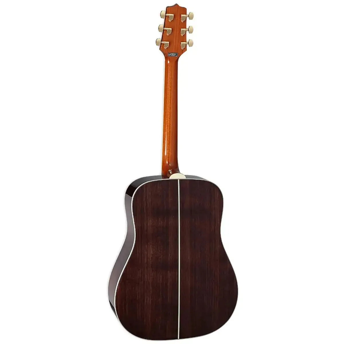 Takamine GD51 NAT dreadnought acoustic guitar, back view, showing dark walnut wood and natural neck.