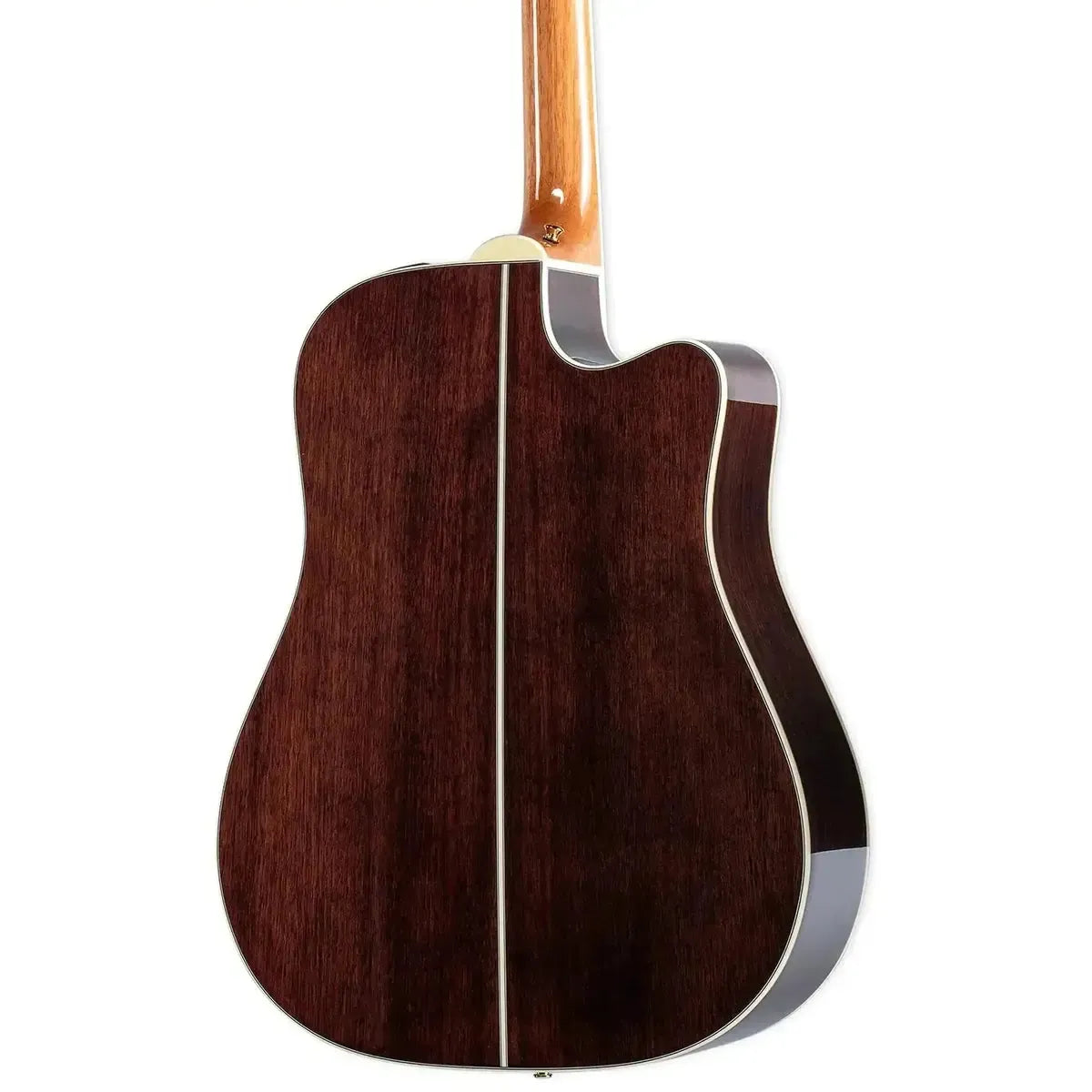 Back of a natural dreadnought Takamine GD51CE-LH left-handed acoustic-electric guitar with dark walnut wood.