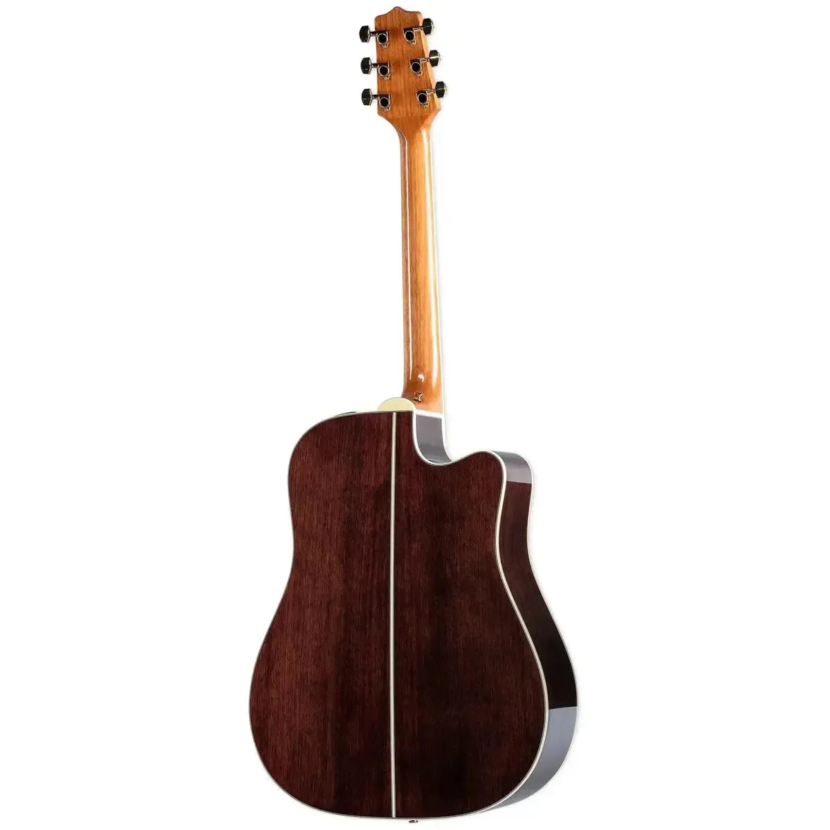 Back of a left-handed Takamine GD51CE-LH Natural Dreadnought acoustic-electric guitar with dark wood grain.