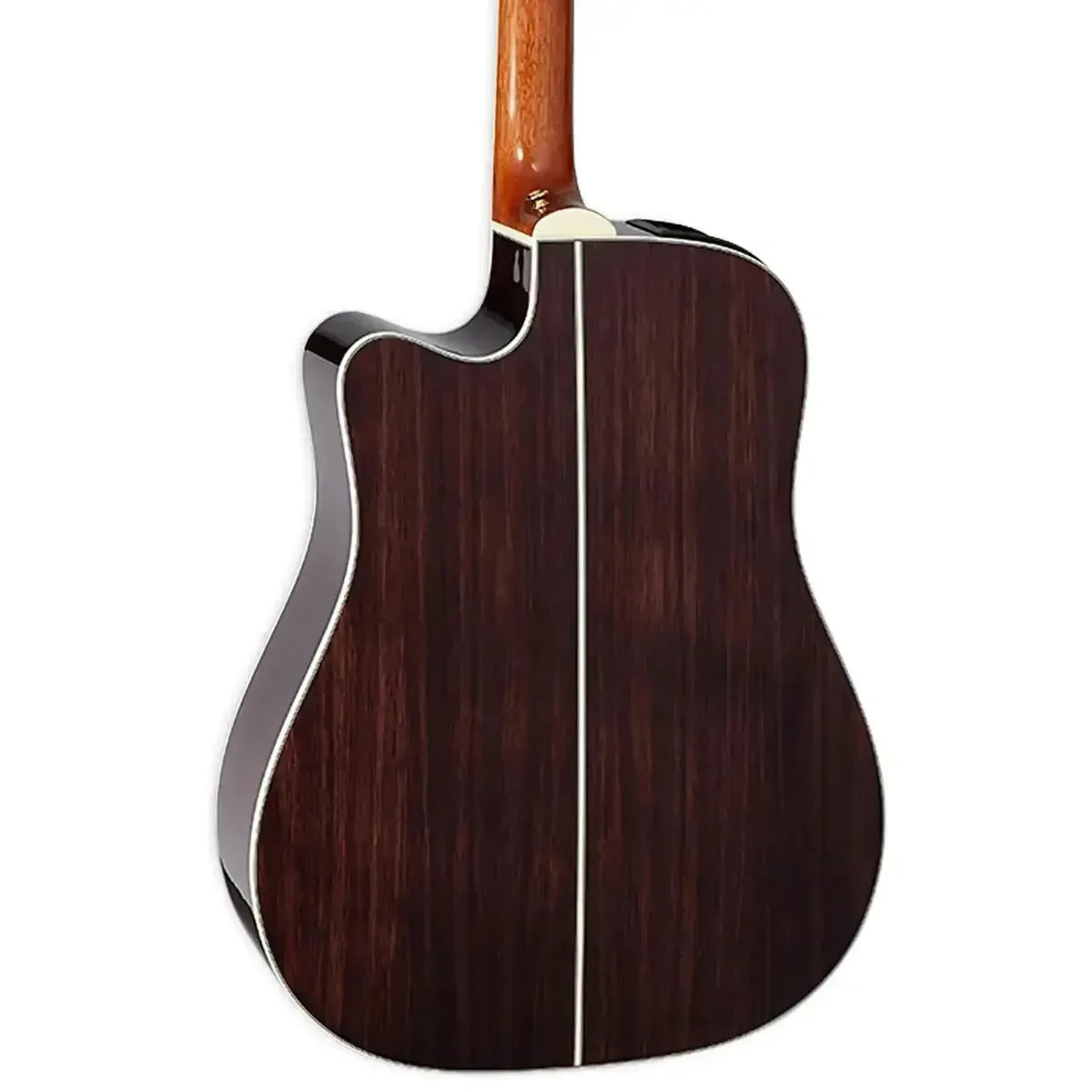 Back of a natural Takamine GD51CE dreadnought acoustic-electric guitar with dark wood grain.