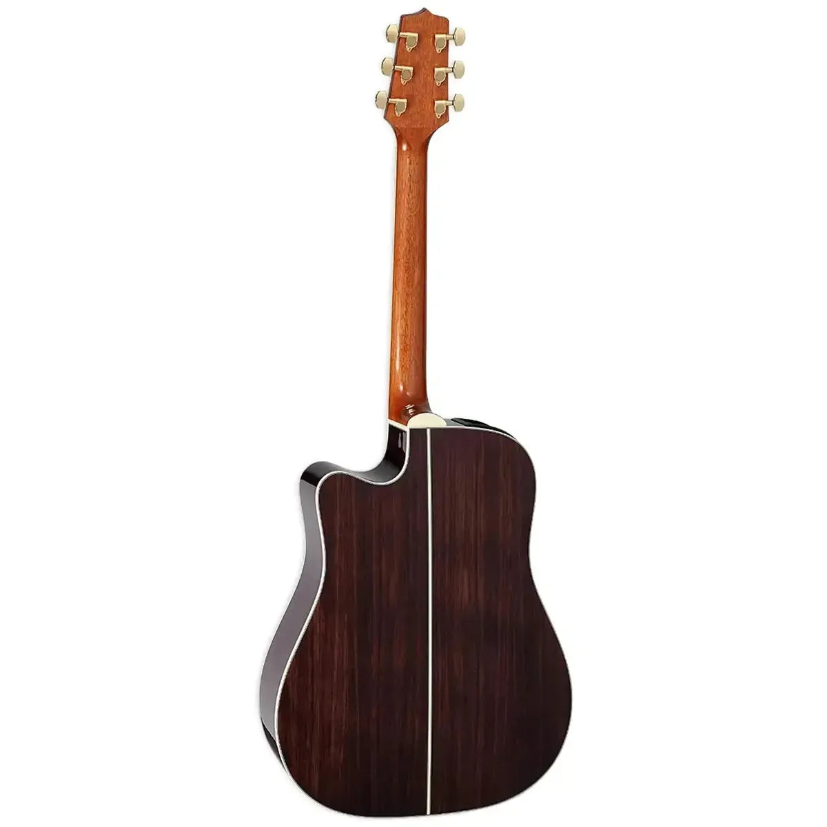 Back of a natural Takamine GD51CE Dreadnought acoustic-electric guitar with dark wood grain and white binding.