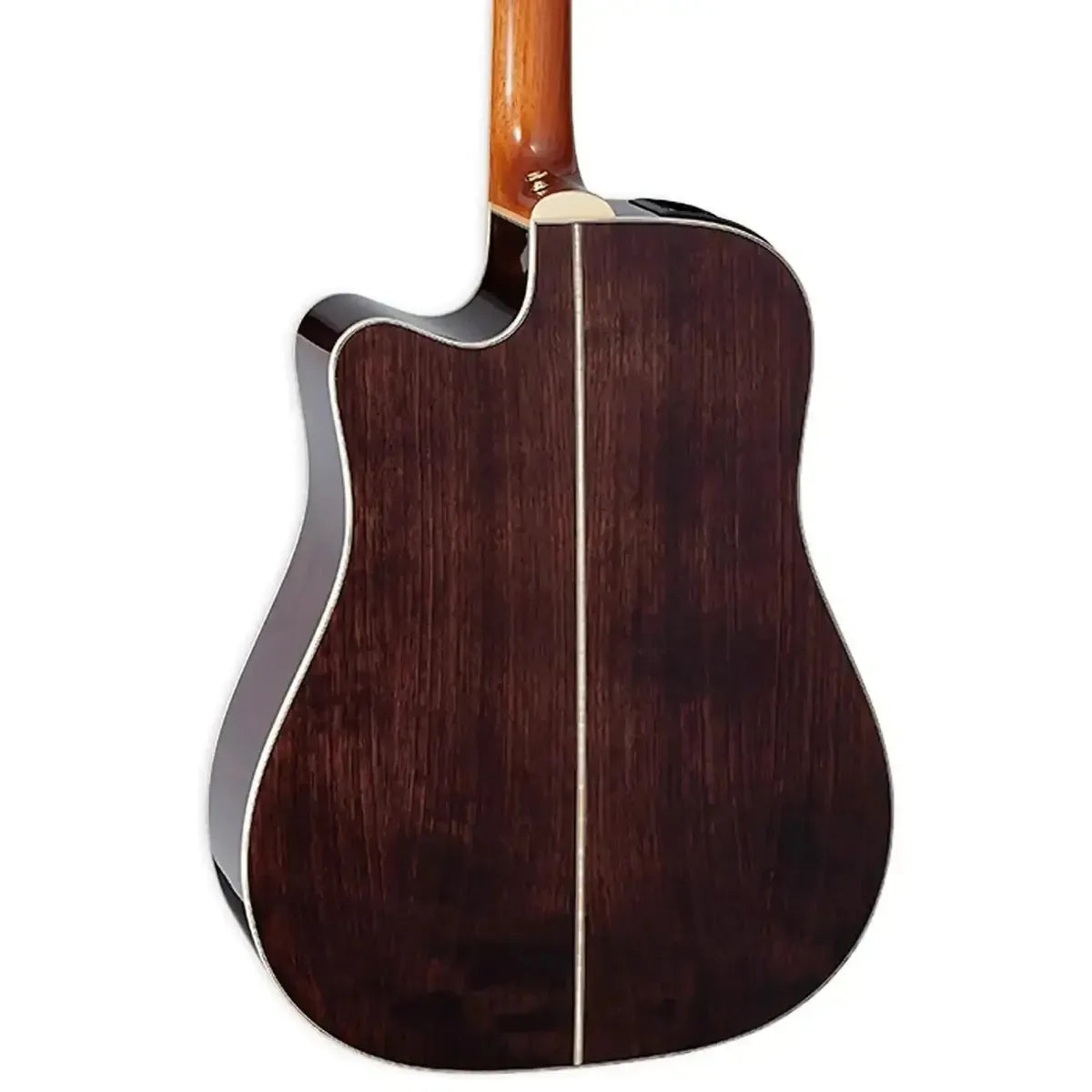 Back of a natural gloss Takamine GD71CE acoustic-electric guitar with dark black walnut wood grain.