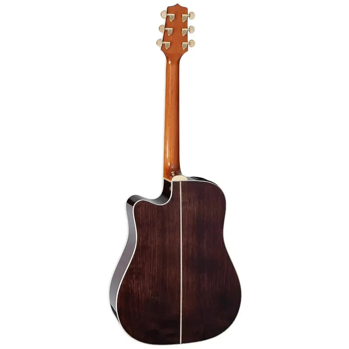 Back of a natural Takamine GD71CE acoustic-electric guitar with dark walnut back and mahogany neck.