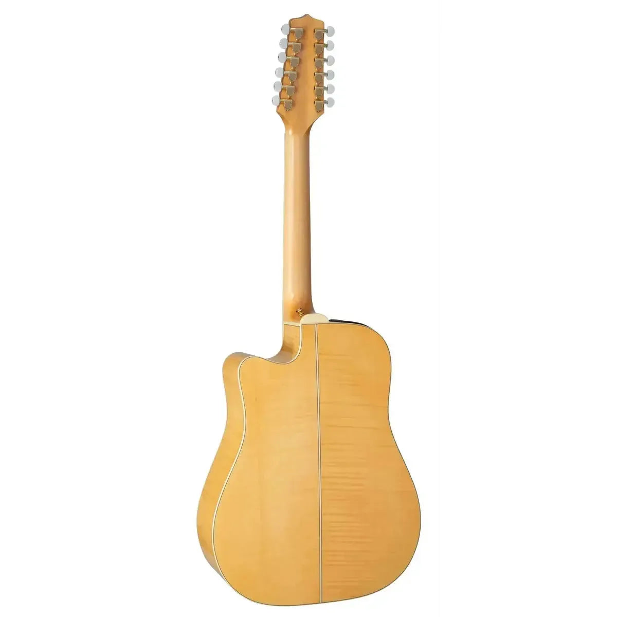 Back of a natural wood Takamine GD74CE-12U acoustic-electric 12-string guitar with light maple neck.