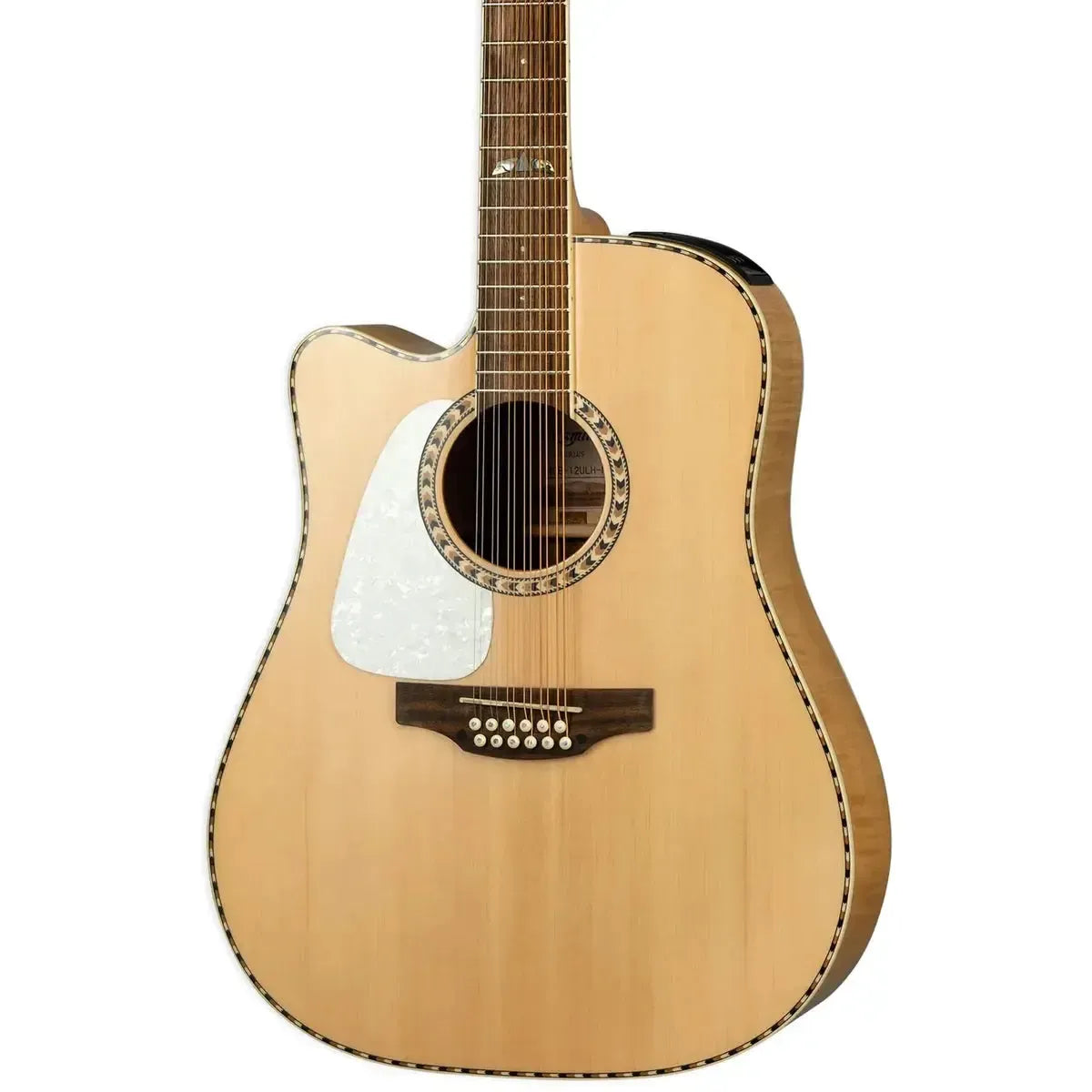 Takamine GD74CE-12ULH left-handed 12-string acoustic-electric guitar with natural spruce top and cutaway.
