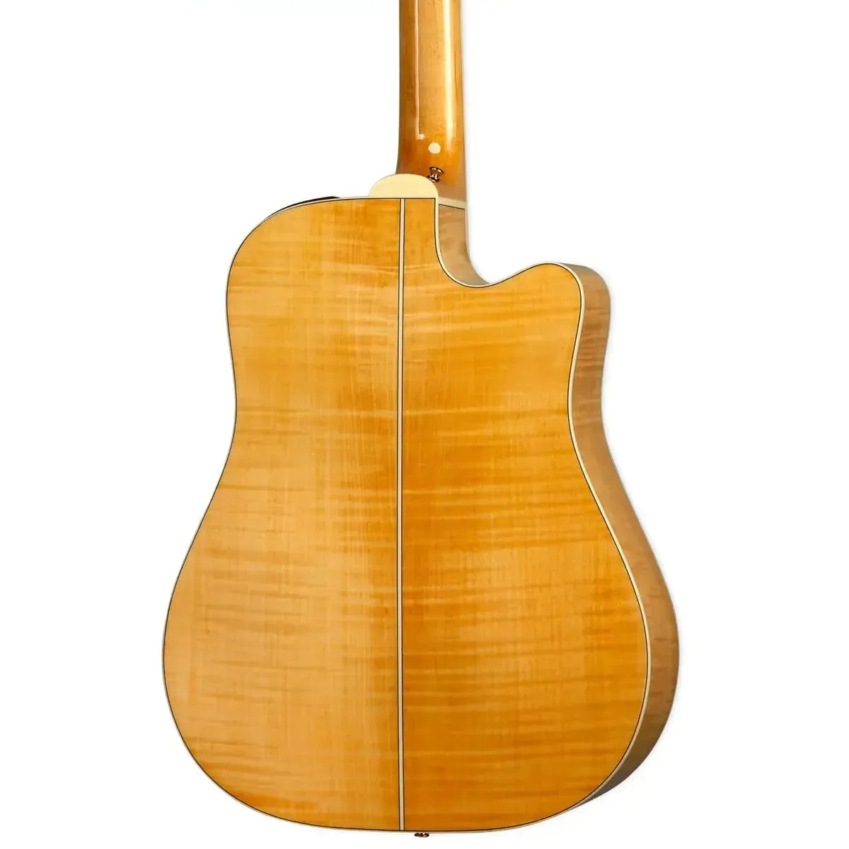 Back of a left-handed Takamine GD74CE-12ULH 12-string acoustic-electric guitar with a flamed maple finish.