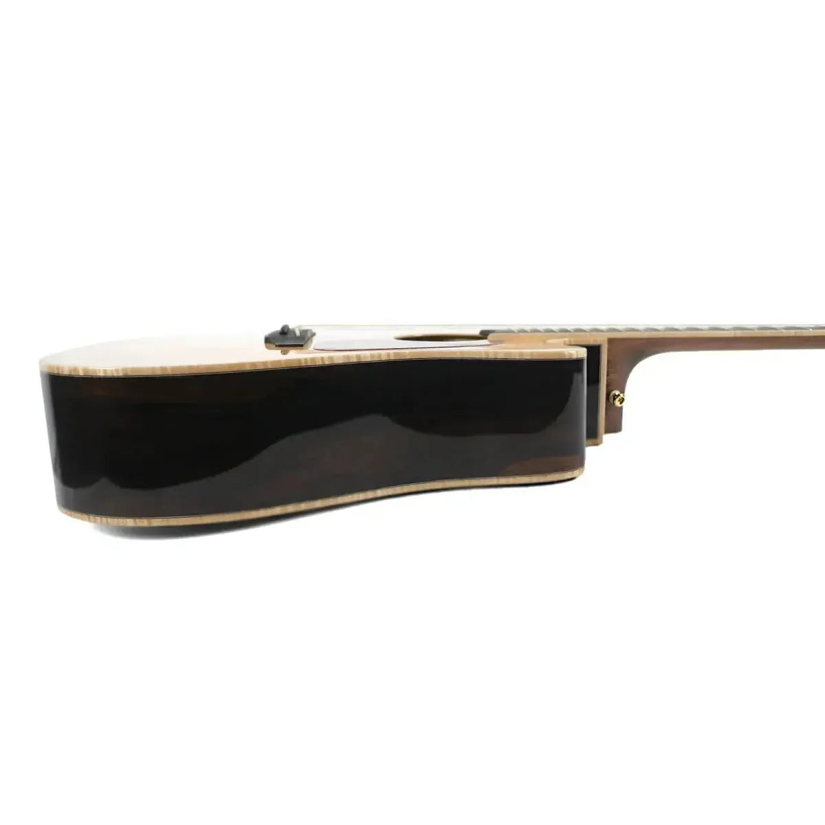 Takamine GD90CE-ZC Natural Acoustic-Electric Dreadnought Guitar, side view, showing dark ziricote back and sides.