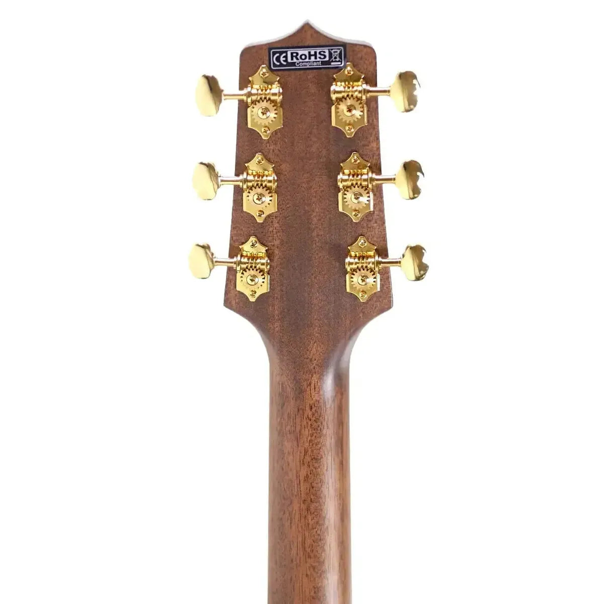 Takamine GD90CE-ZC acoustic-electric guitar headstock with gold open geared tuners and butterbean buttons.