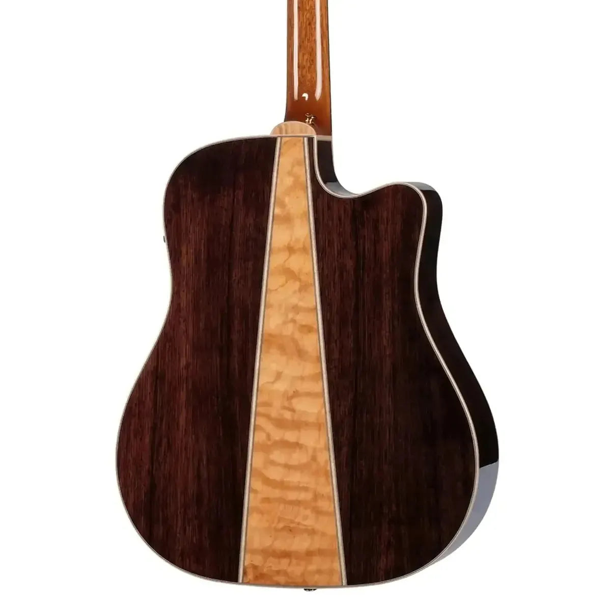 Back of a Takamine GD93CE-LH Natural acoustic-electric guitar with dark walnut and quilt maple three-piece design.