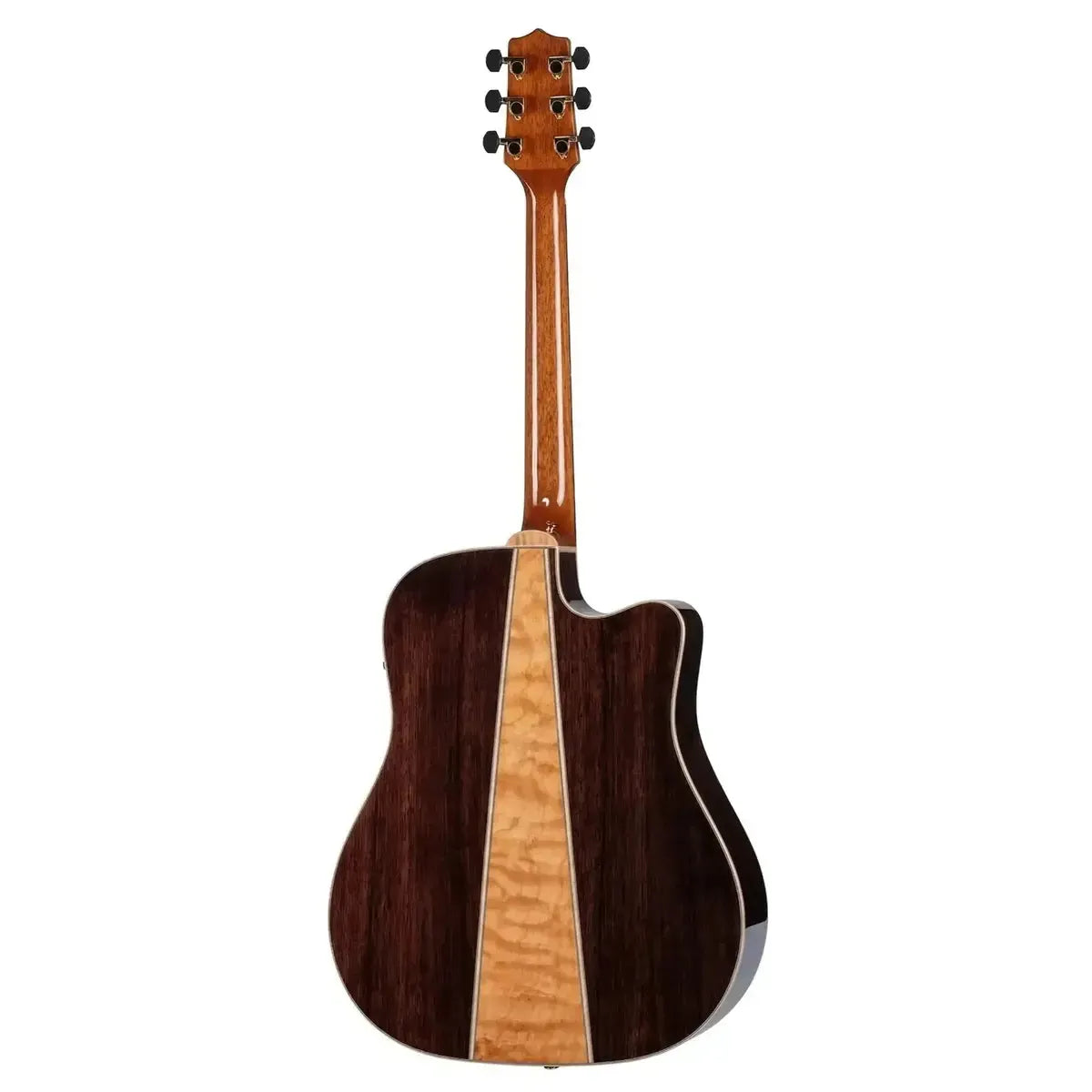 Takamine GD93CE-LH Natural Left-Handed Acoustic-Electric Guitar, showing its dark walnut and quilt maple three-piece back.