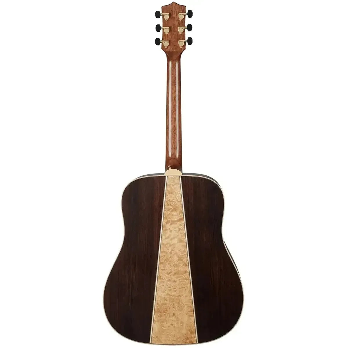 Back of a Takamine GD93CE Natural Acoustic-Electric Guitar with a dark walnut and quilt maple three-piece back.