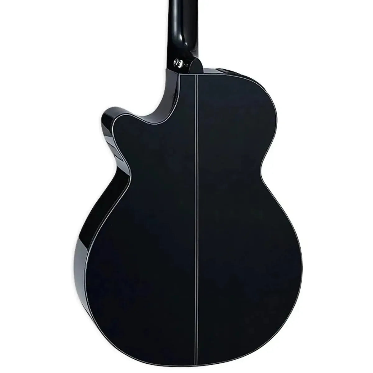 Takamine GF30CE BLK FX cutaway acoustic-electric guitar, showing the glossy black back with white binding.