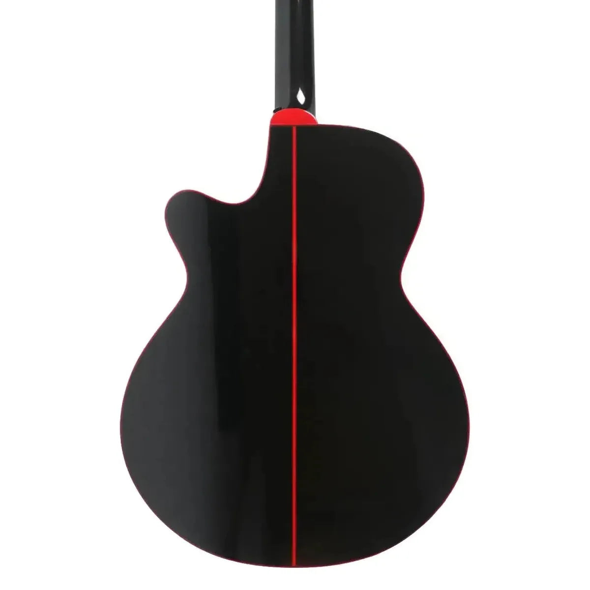 Takamine GF49CE-CB Cosmic Black Sparkle acoustic-electric grand concert guitar back with red binding and stripe.