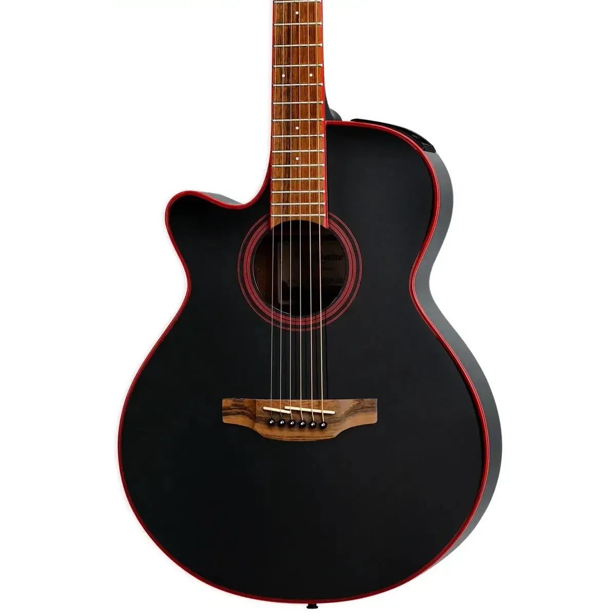Takamine GF49CE-LH CB Black acoustic-electric guitar with red binding and cutaway.