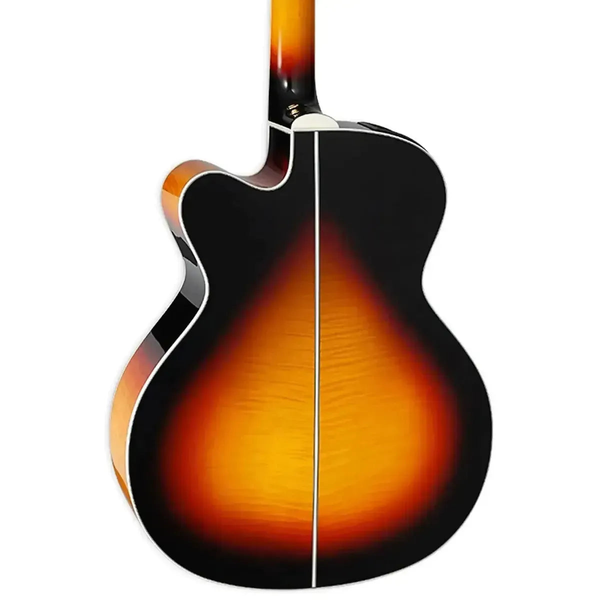 Back of a Takamine GJ72CE-12 BSB 12-string acoustic-electric guitar with brown sunburst flame maple.