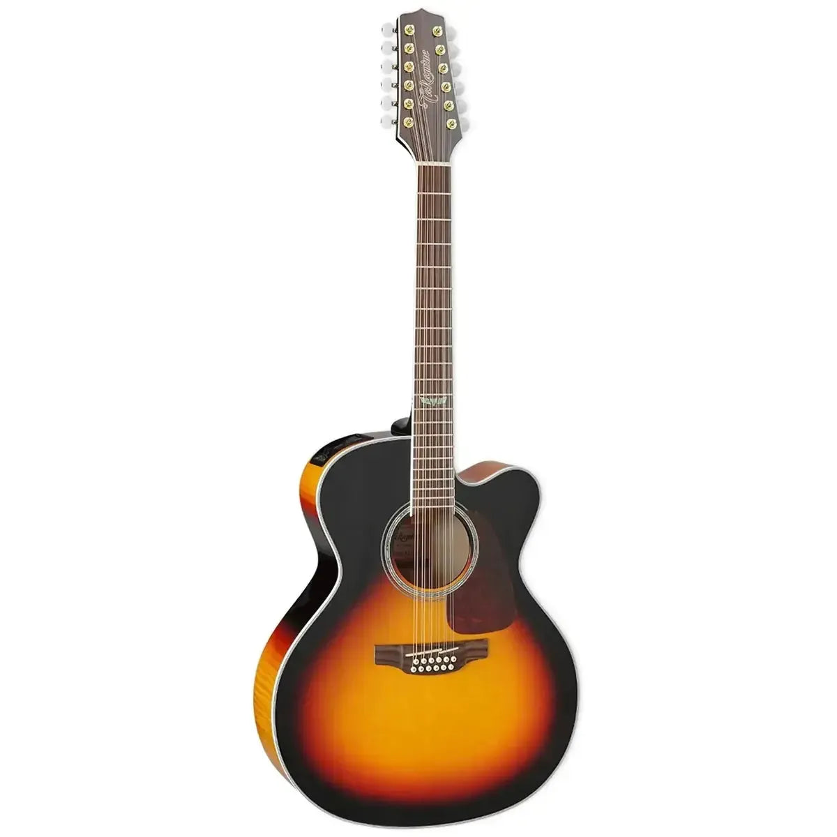 Takamine GJ72CE-12 BSB Acoustic-Electric 12-String Guitar in brown sunburst with cutaway and abalone inlay.