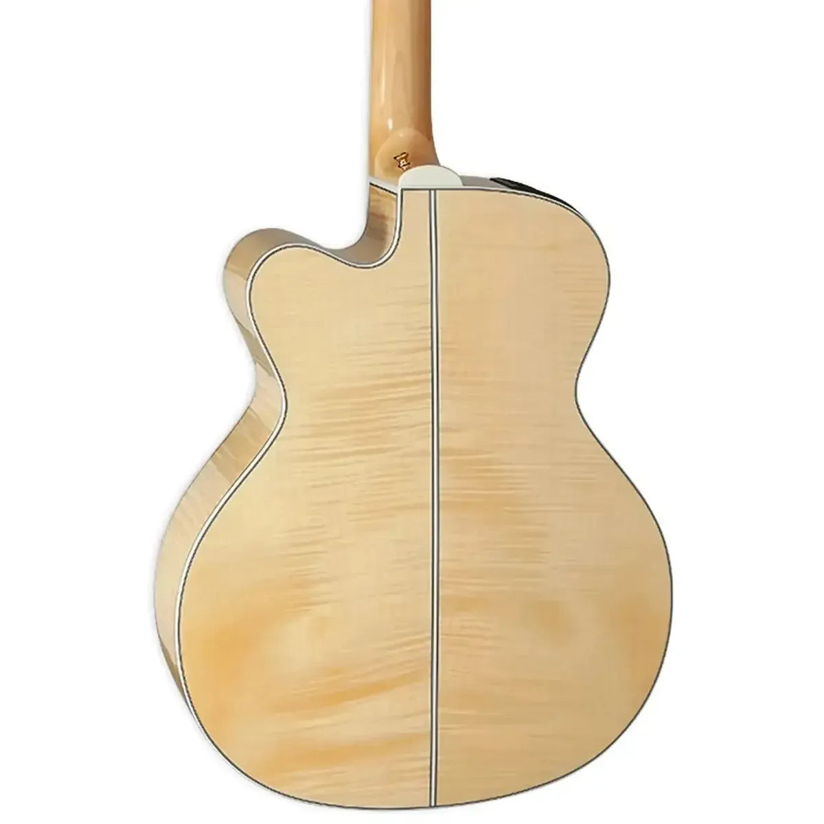 Back of a natural Takamine GJ72CE-12 12-string acoustic-electric guitar with flame maple wood grain.