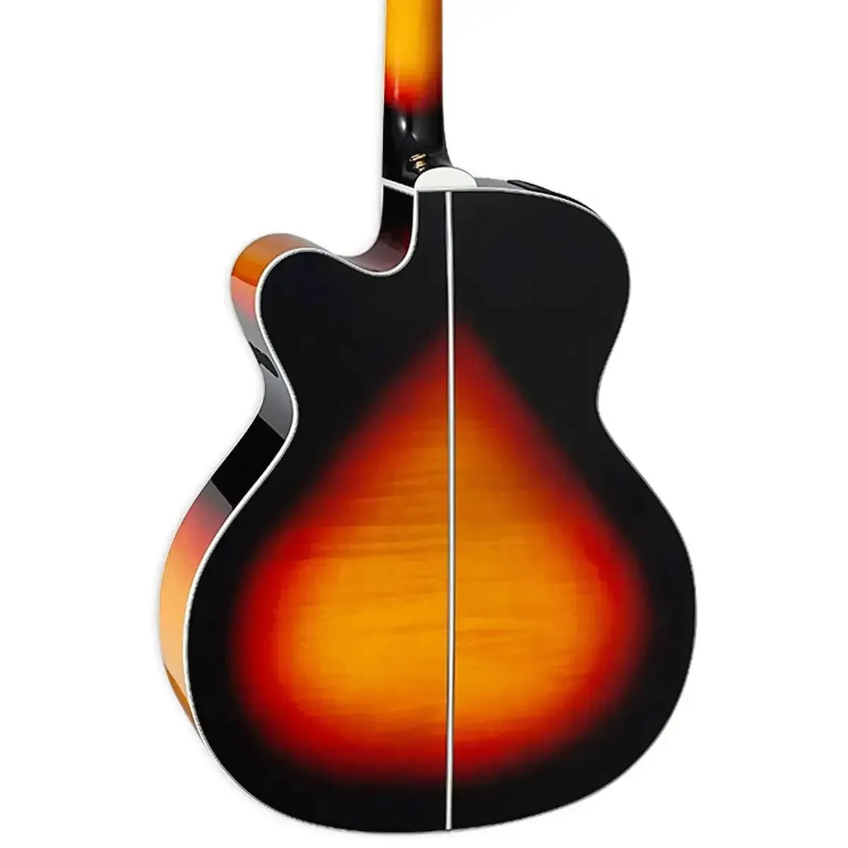 Back of a Takamine GJ72CE BSB acoustic-electric guitar with brown sunburst finish and flame maple.