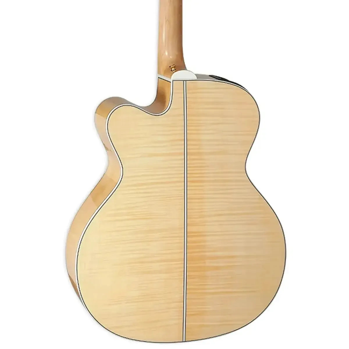 Back of a natural flame maple Takamine GJ72CE jumbo acoustic-electric guitar with a cutaway.