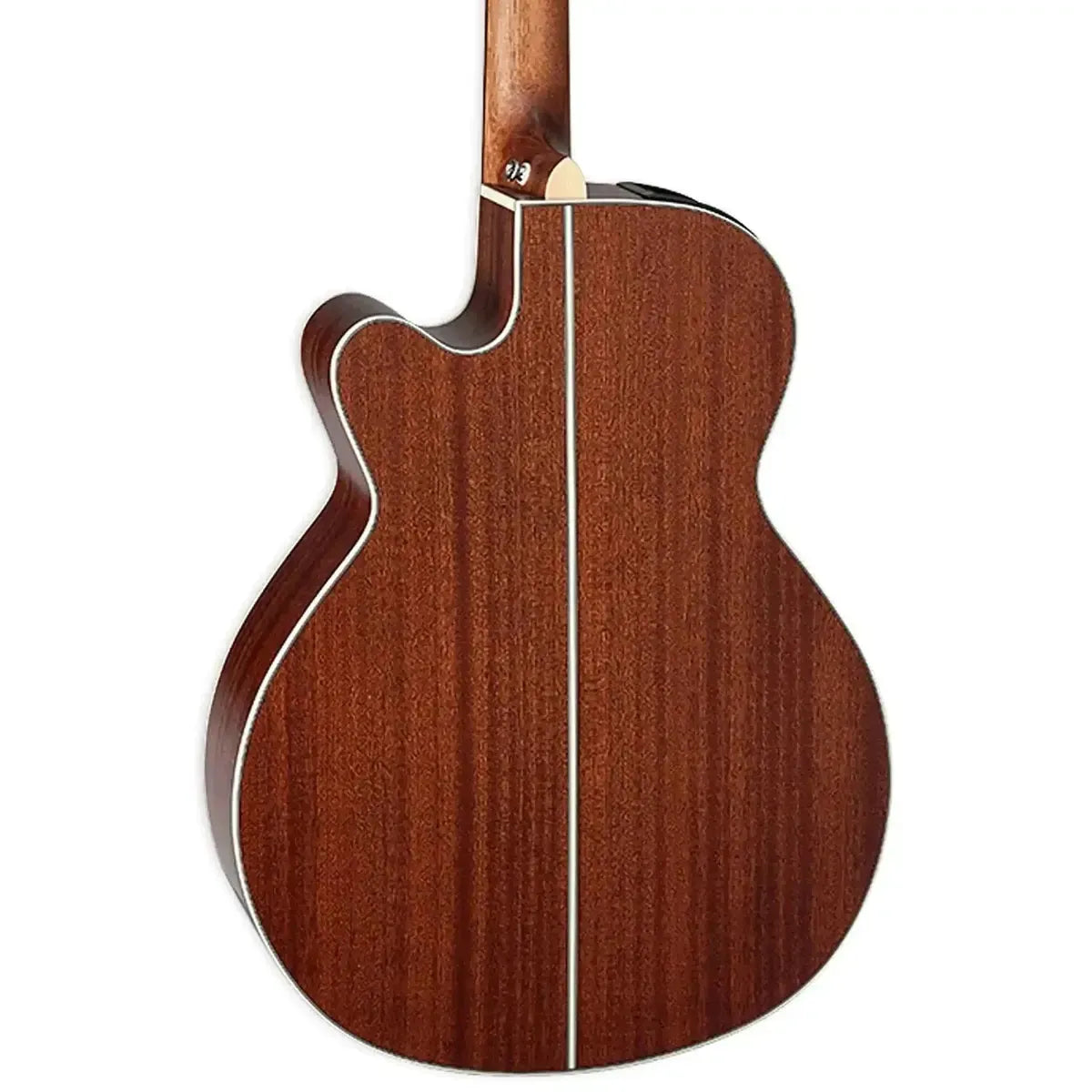 Takamine GN20CE NS NEX acoustic-electric guitar back, natural satin okoume wood with white binding.