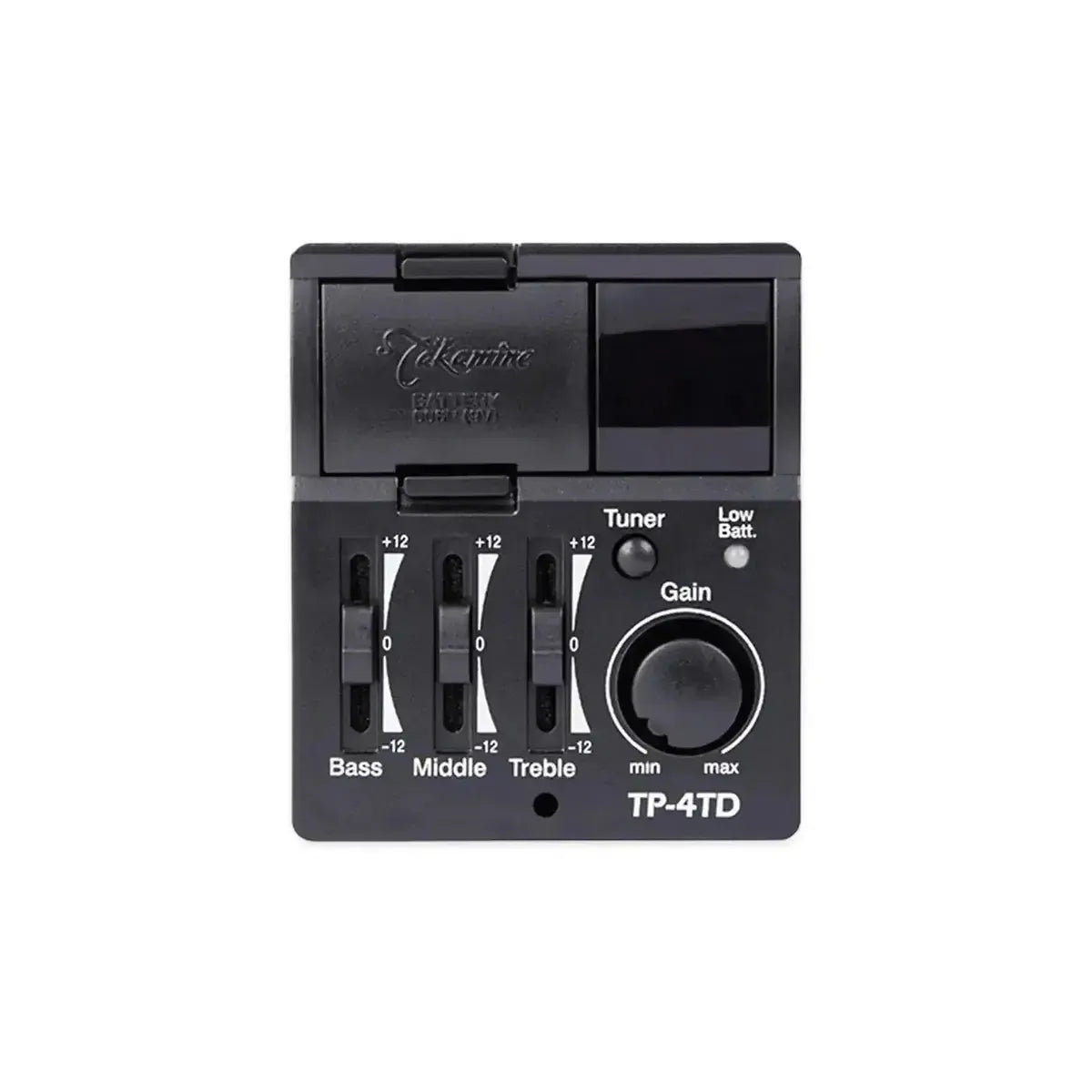 Takamine TP-4TD preamp with black sliders for bass, middle, treble, tuner, gain, and battery compartment.