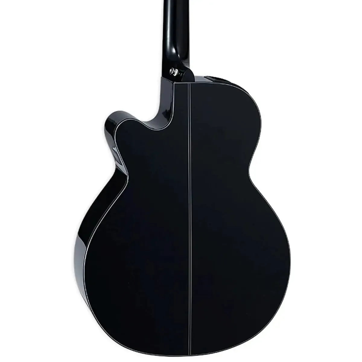 Back of a glossy black Takamine GN30CE NEX acoustic-electric guitar with white binding.