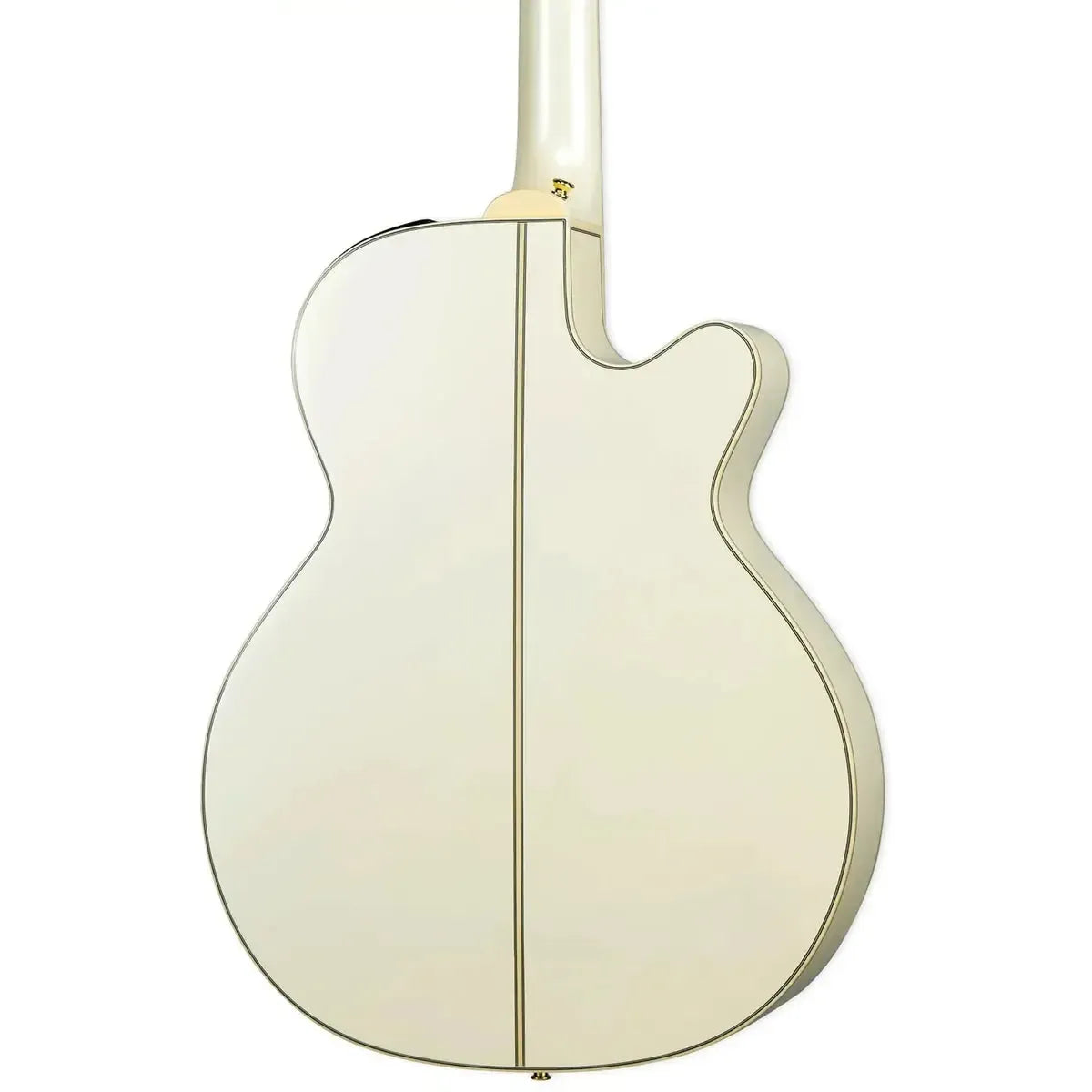 Back of a left-handed Takamine GN37CELH Pearl White acoustic-electric guitar with a NEX cutaway body.