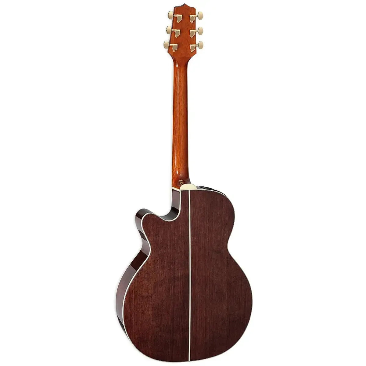 Back of a natural Takamine GN51CE NEX acoustic-electric guitar with dark walnut back and mahogany neck.