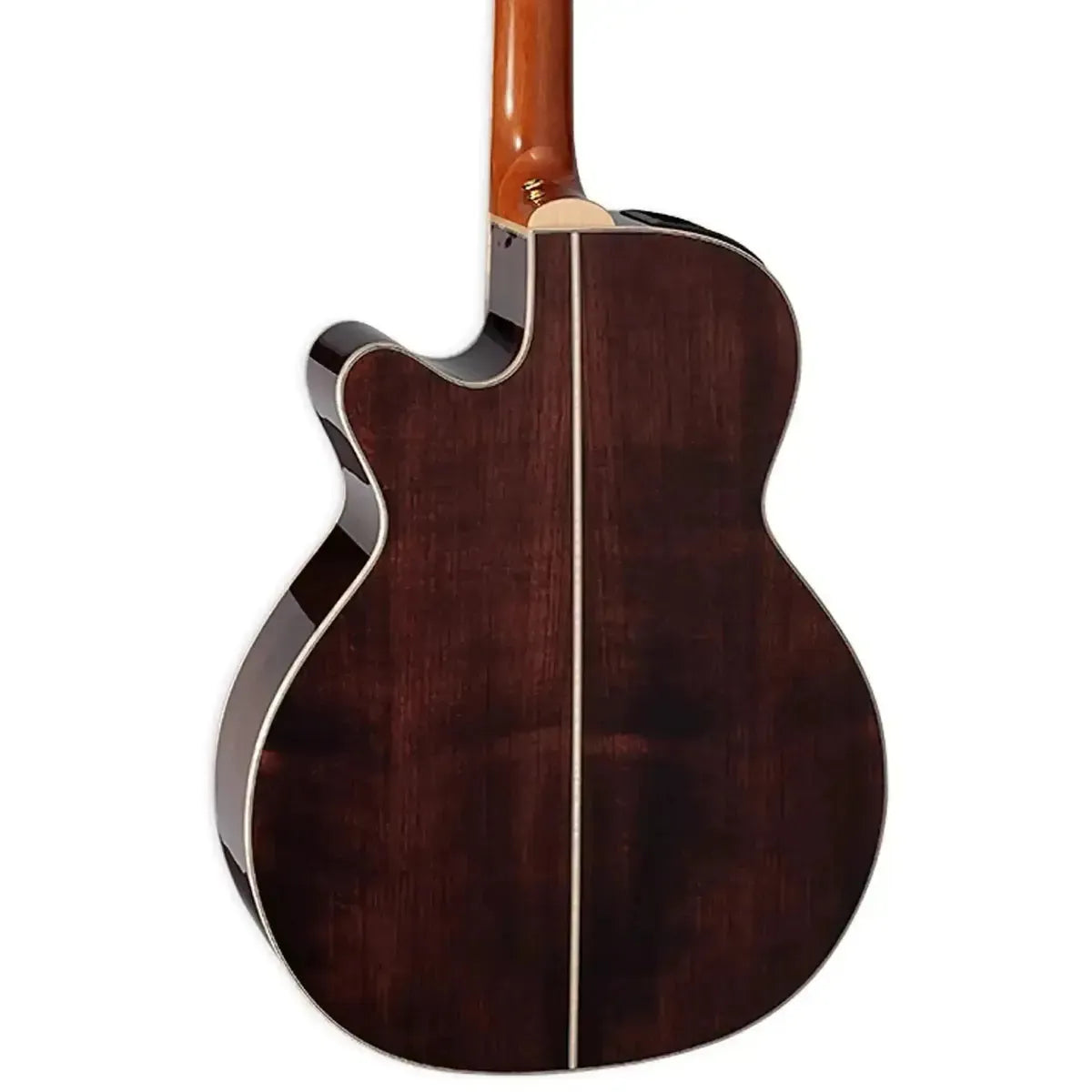 Back of a natural Takamine GN71CE acoustic-electric guitar with dark walnut wood grain and white binding.