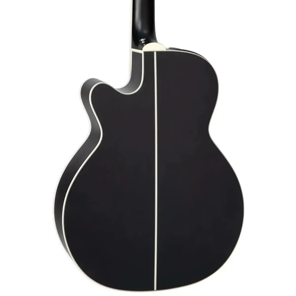 Back of a Takamine GN73CE SB acoustic-electric guitar with a satin black finish and white binding.