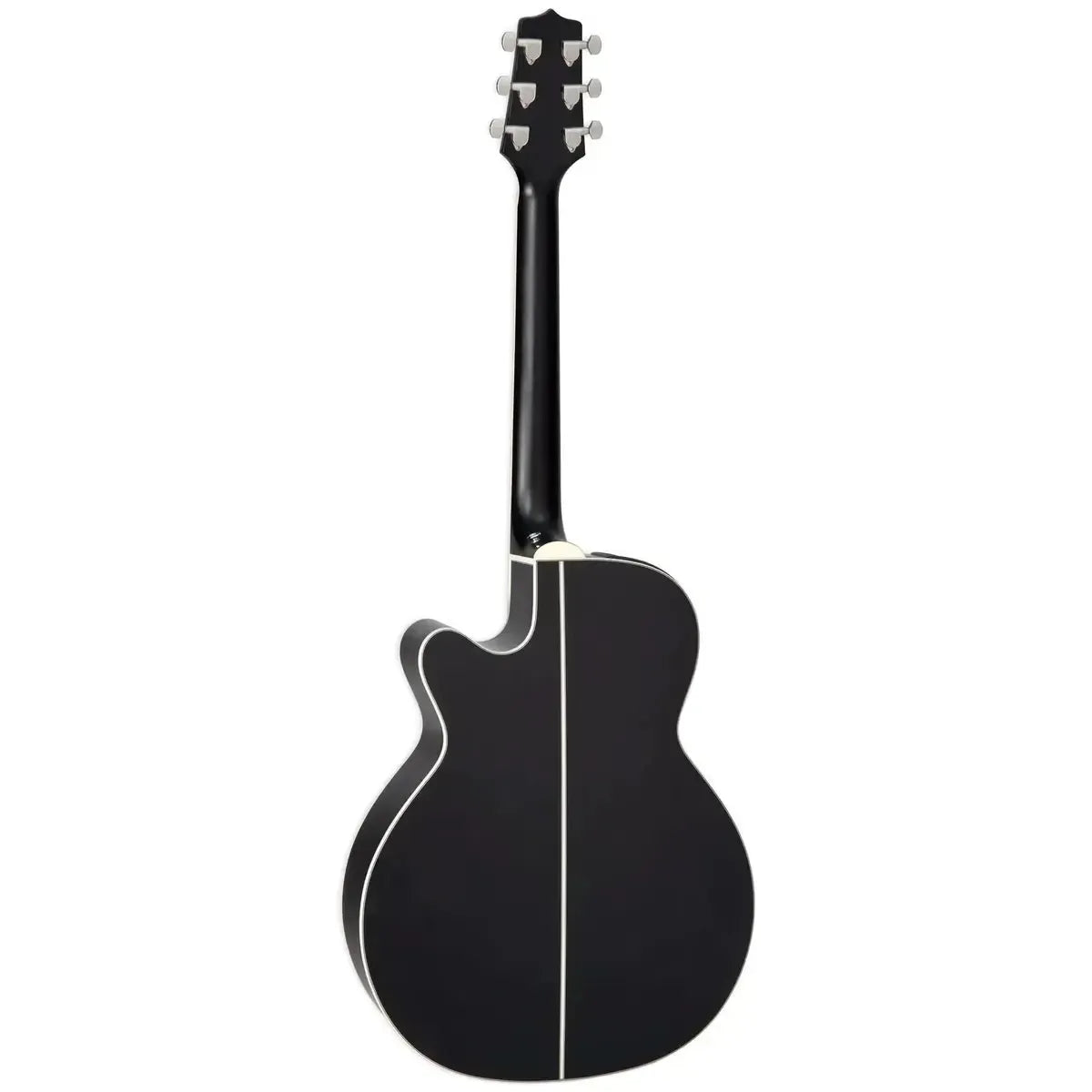 Takamine GN73CE SB acoustic-electric guitar, back view, satin black finish with white binding.
